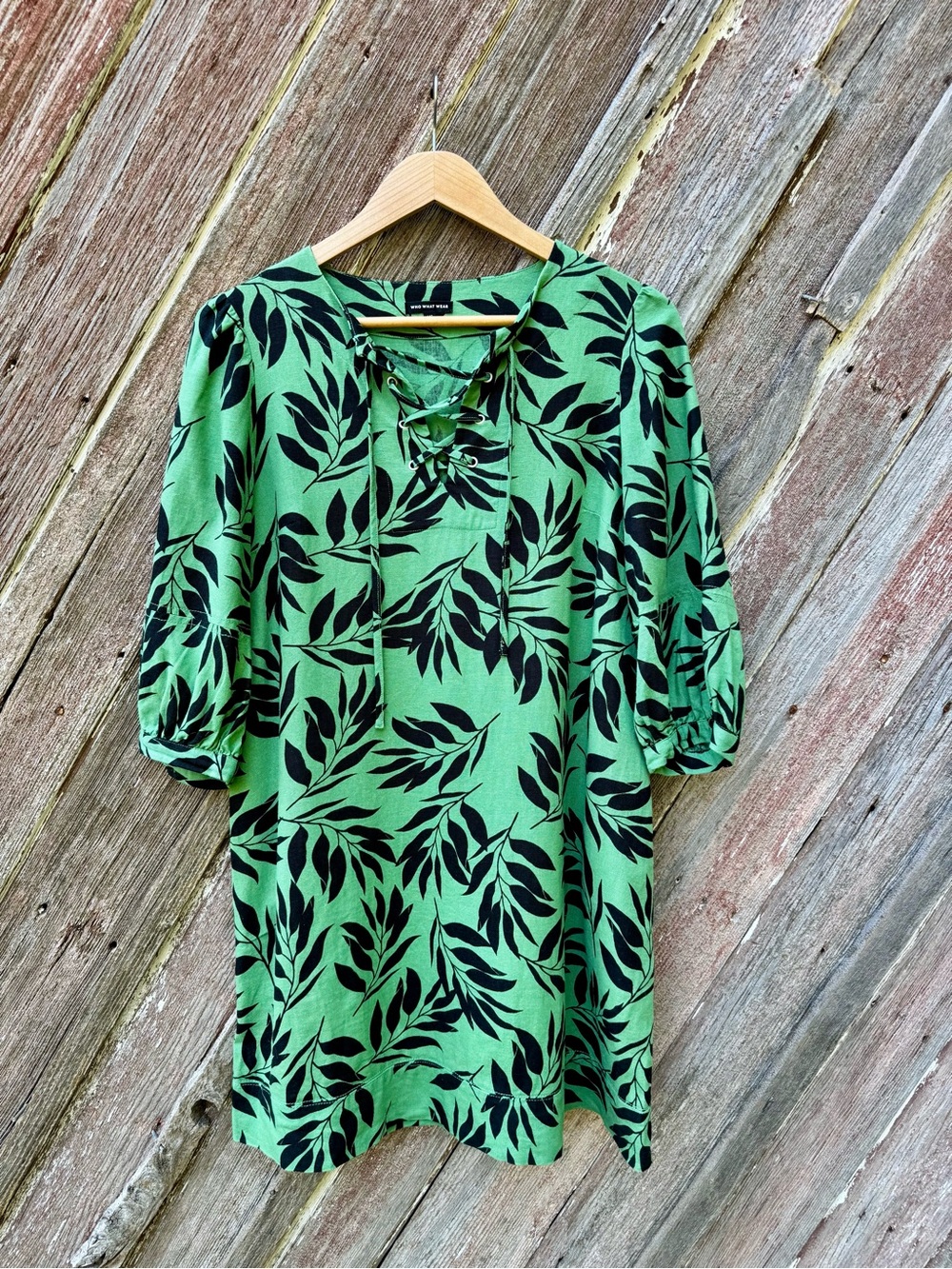 Who What Wear Linen Blend Green Botanical Leaf Lace-Up Shift Dress XS